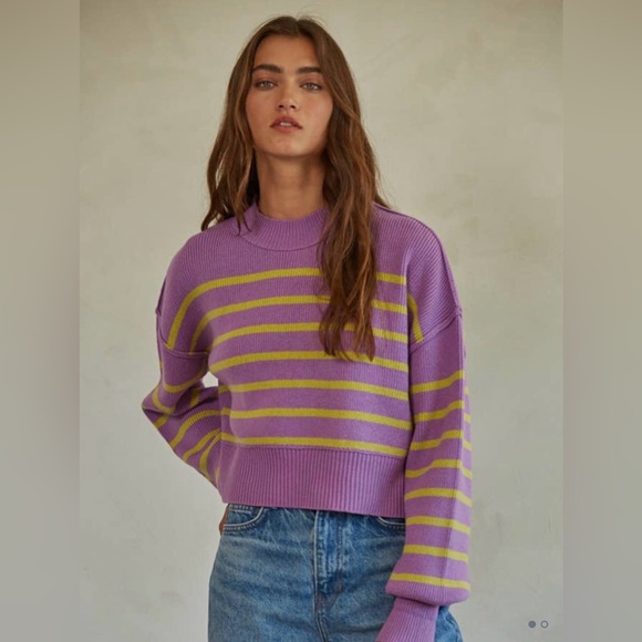 Free People Sweaters - Free People Stripe Easy Street Cropped Pullover Lavender & Lime Sweater Size M 💜